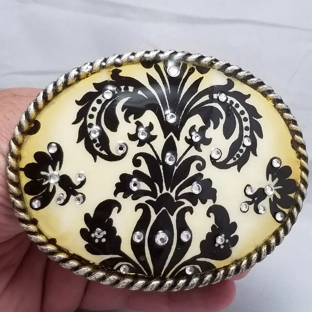 Belt Buckle Women's D.I. Rhein Crafted Pewter Enamel And Rhinestone Filigree‎